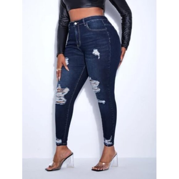 Plus Size Women Stretch Skinny Jeans High Waist Ankle Ripped Tummy Control - Picture 4 of 7